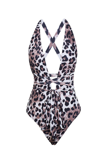 One Piece Leopard Print Brown Bikini Sett med Beach skjørt